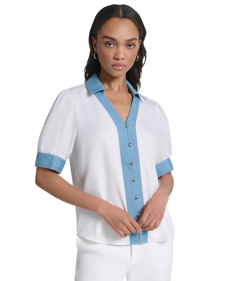 Karl Lagerfeld Paris Petite Collared Button-Front Blouse