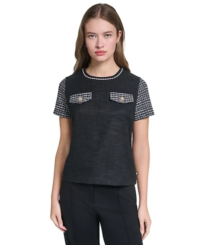Karl Lagerfeld Paris Petite Short-Sleeve Trim Crewneck Blouse