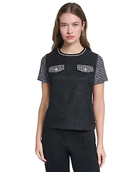 Karl Lagerfeld Paris Petite Short-Sleeve Trim Crewneck Blouse