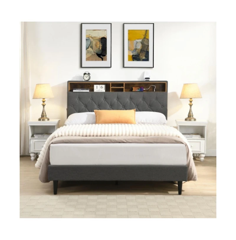 Lucky One Queen Size Platform Bed Frame with Usb Outlet and Storage Compartments, Heavy Duty Metal Slats, No Box Spring Needed