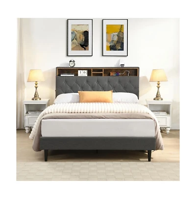 Lucky One Queen Size Platform Bed Frame with Usb Outlet and Storage Compartments, Heavy Duty Metal Slats, No Box Spring Needed
