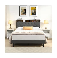 Lucky One Queen Size Platform Bed Frame with Usb Outlet and Storage Compartments, Heavy Duty Metal Slats, No Box Spring Needed