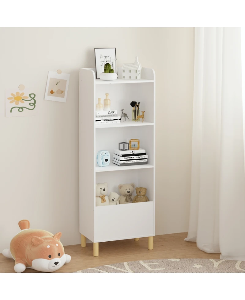 Flynama Kids 4-Tier Bookcase and Toy Storage Organizer with Pine Legs