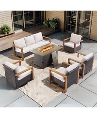 Pocassy 6 Piece Patio Furniture Set with 41" Fire Pit Table Wicker Sectional Sofa Outdoor Seating Thickened Cushion