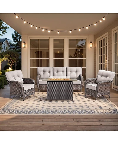 Pocassy 4 Piece Wicker Outdoor Furniture Set with 41" Fire Pit Table, Outside Patio Deep Seating Conversation 5-inch Thick Cushion