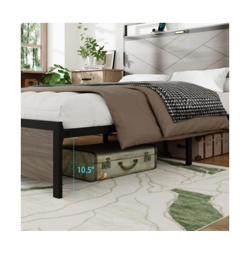 Lucky One Queen Size Wood Platform Bed Frame with Storage Led Headboard, Usb Charging, Metal Slats, No Box Spring Needed