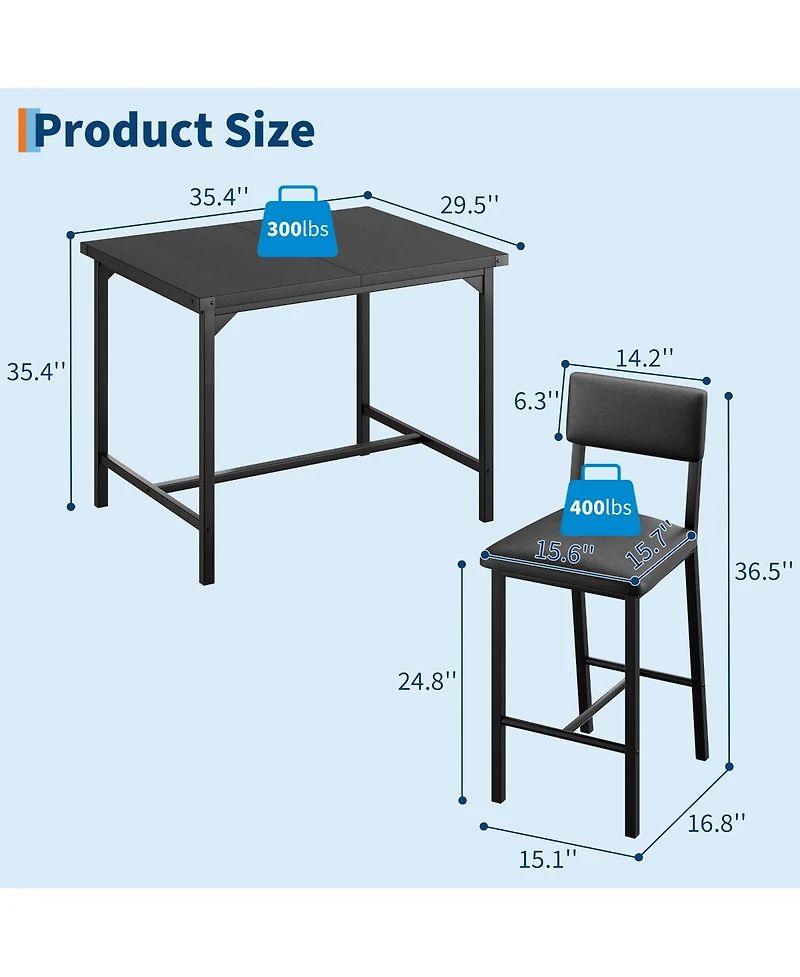 homfan Dining Table Set with 2 Stools Counter Height Metal Frame and Footrest, Compact Design for Kitchen, Apartment or Small Area