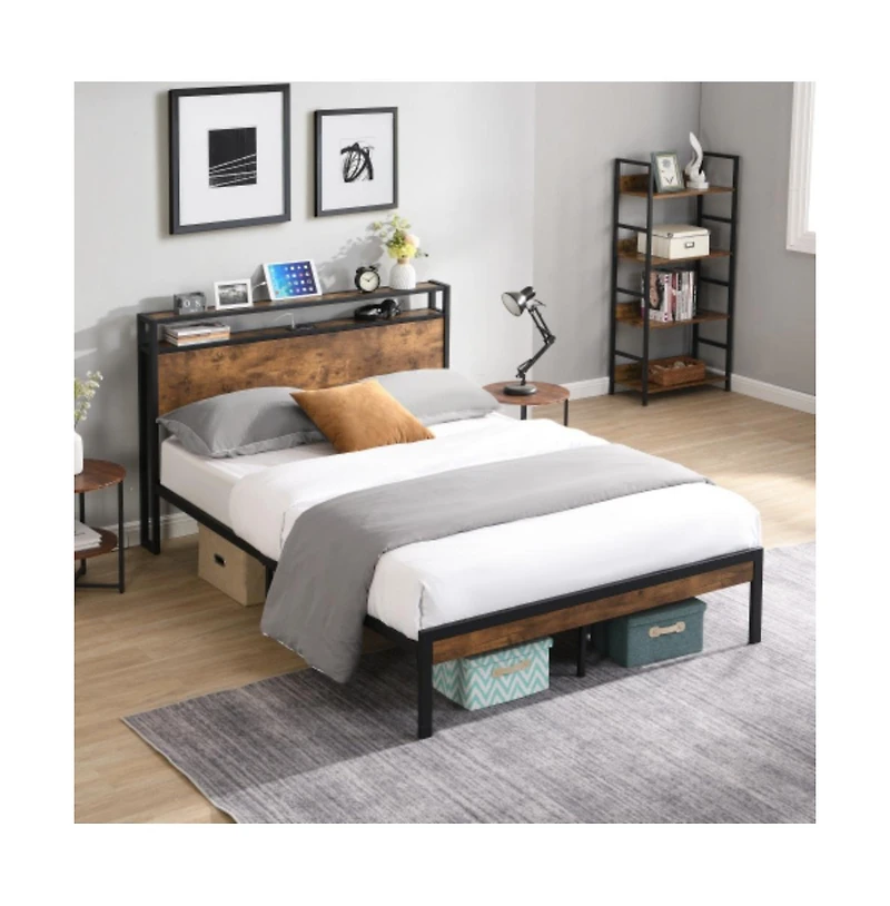 Lucky One Full Size Metal Platform Bed Frame with Wooden Headboard and Footboard, Usb Ports
