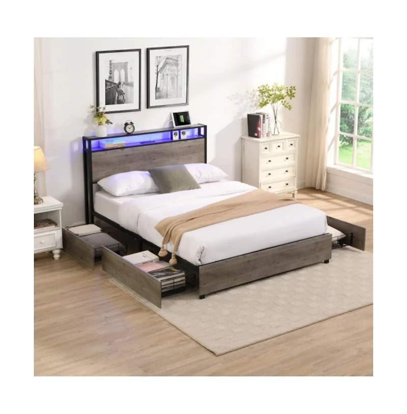 Lucky One Full Size Bed Frame with Storage Headboard, Usb Charging Station, Rgb Led Lights, 4 Drawers, No Box Spring Needed