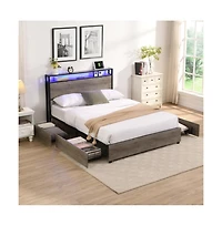 Lucky One Full Size Bed Frame with Storage Headboard, Usb Charging Station, Rgb Led Lights, 4 Drawers, No Box Spring Needed
