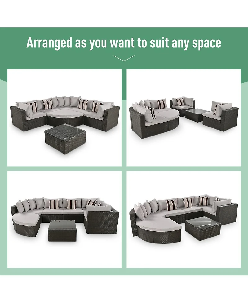Asagikoiai 7-Piece Outdoor Wicker Patio Sectional Sofa Set with Cushions and Colorful Pillows