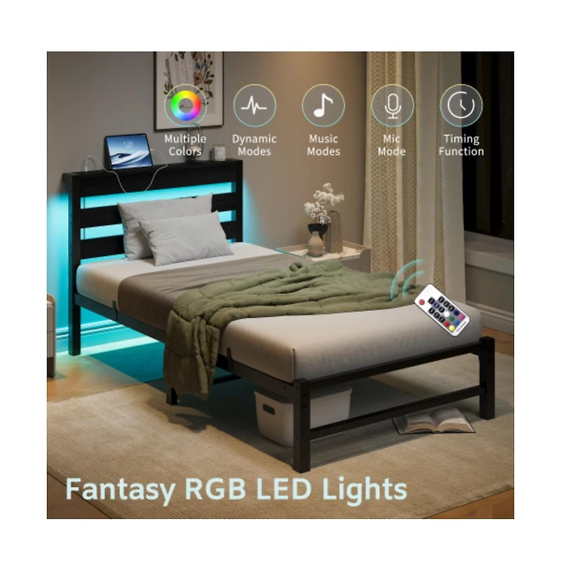 Lucky One Twin Size Heavy Duty Platform Bed Frame with Usb Charging Station, Led Lights, Steel Slats, No Box Spring Needed