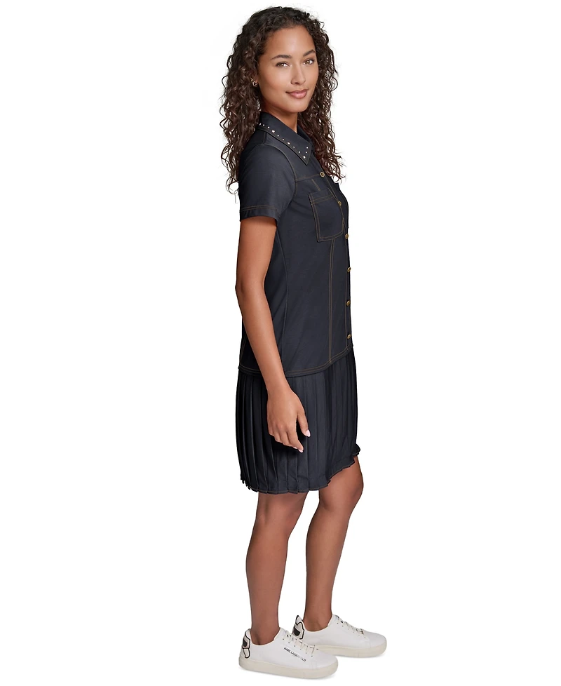 Karl Lagerfeld Paris Women's Belted Collared Jersey Shirt Dress