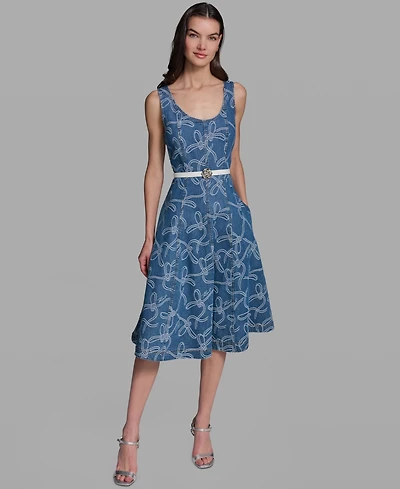 Karl Lagerfeld Women's Sleeveless Crewneck Denim Midi Dress