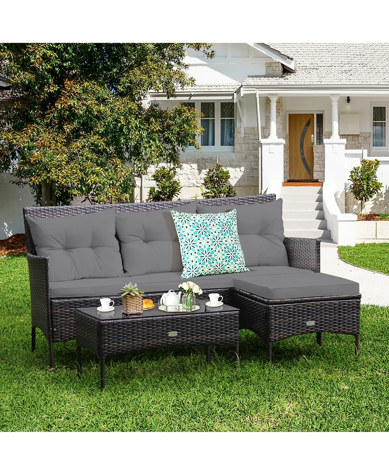 Costway 3PCS Patio Rattan Furniture Set 3-Seat Sofa Cushioned Table Garden