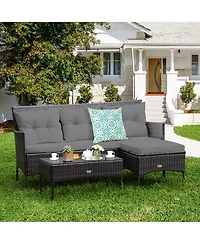 Costway 3PCS Patio Rattan Furniture Set 3-Seat Sofa Cushioned Table Garden