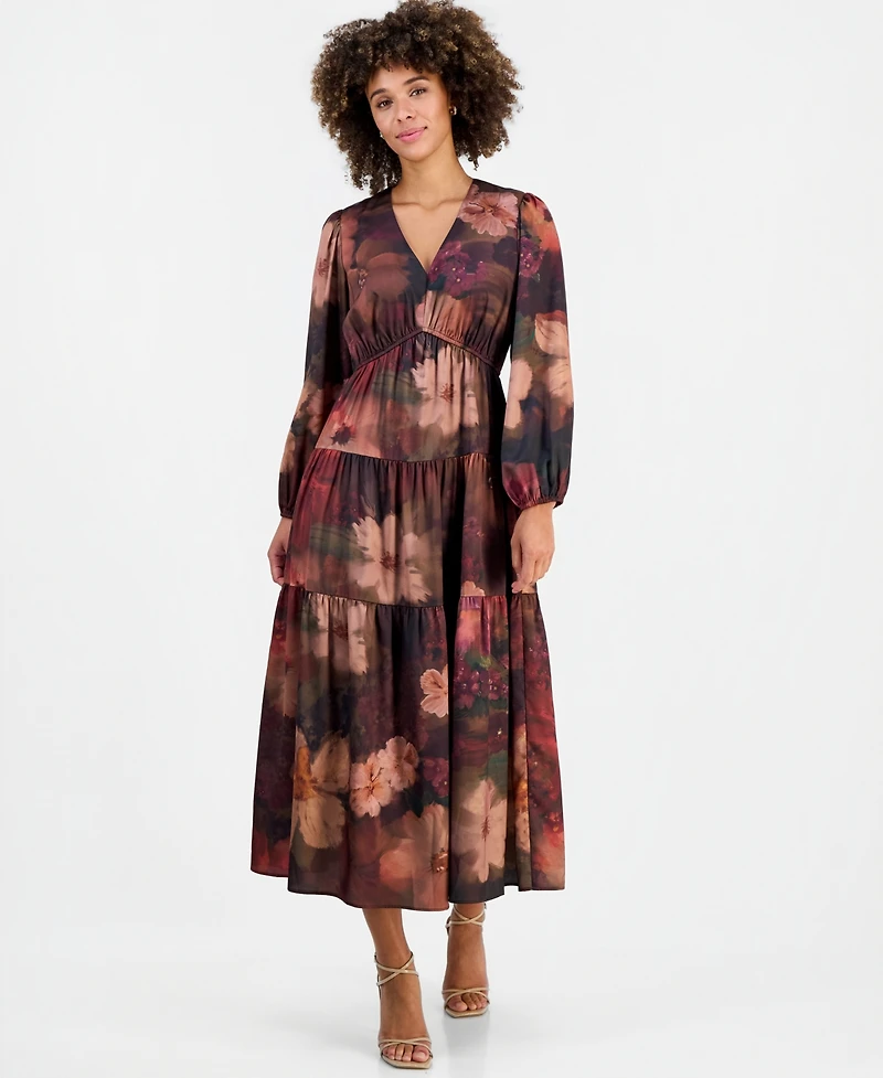 Robbie Bee Women's V-Neck Long-Sleeve Tiered Maxi Dress
