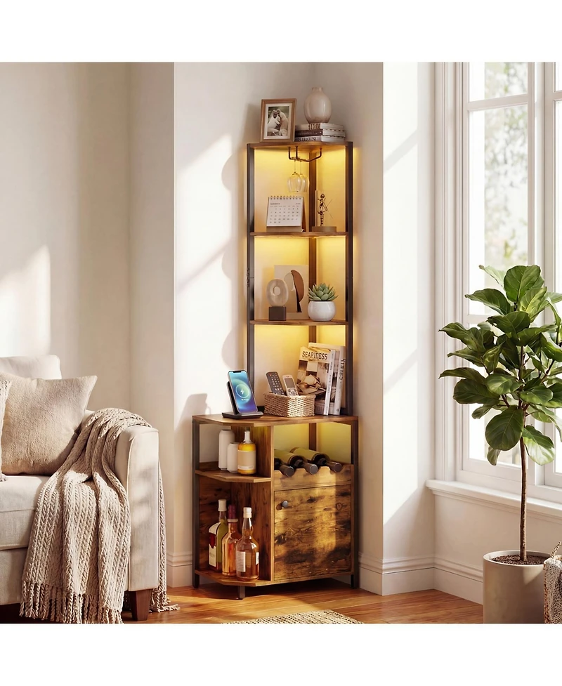 Slickblue 6-Tier Corner Bar Cabinet with Led Lights and Built-In Charging Station