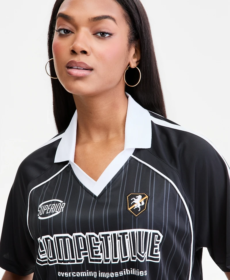 Bar Iii Women's Collared Competitive Graphic Striped Crop Jersey, Macy's Exclusive