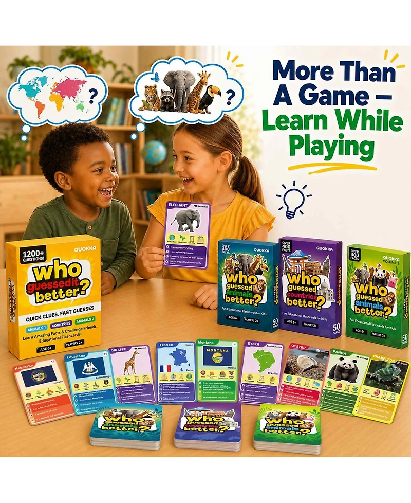 Quokka Who Guess It Better Card Games for Kids Ages 6+ - Educational Guessing Game with Animal and Country Visual Clues, Screen-Free Travel