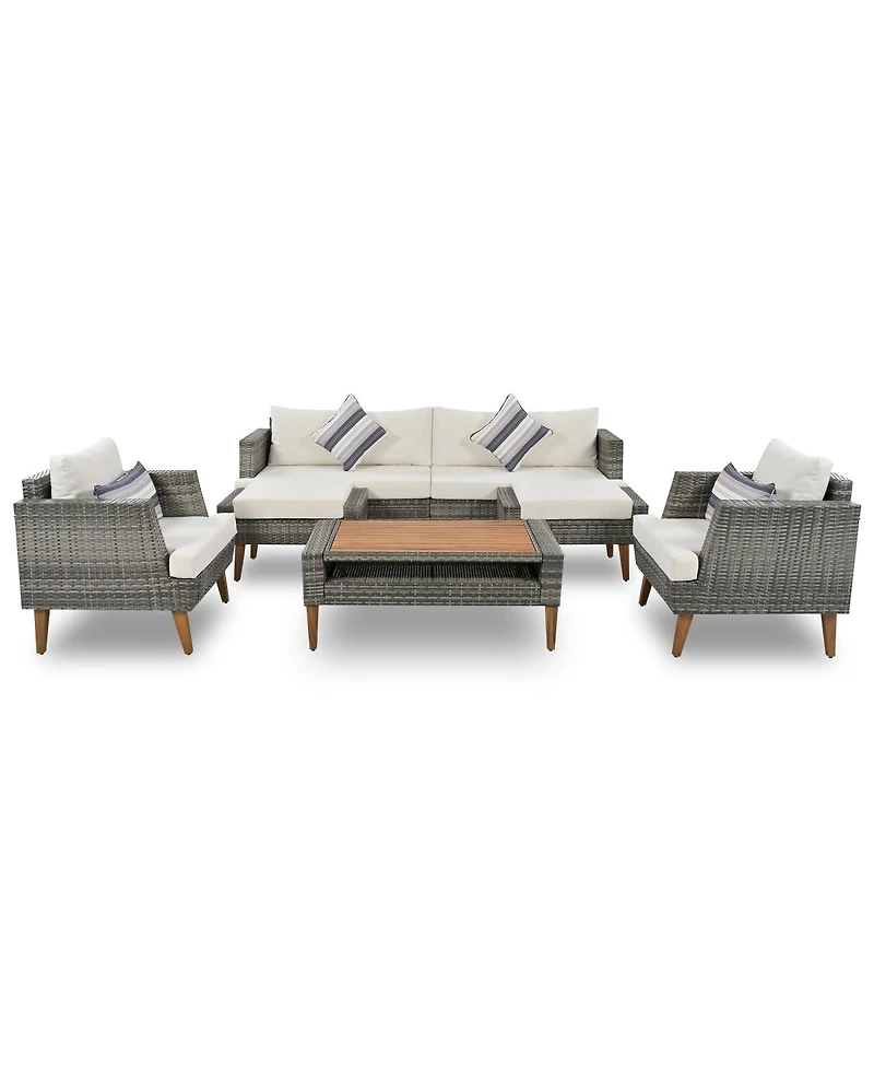 Asagikoiai Outdoor Rattan Conversation Set 6 Pieces All-Weather Pe Wicker Furniture with Wood Table Asagikoiai