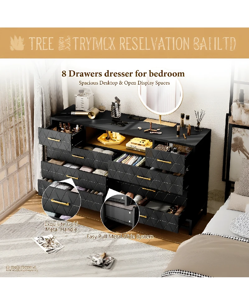 homfan 8 Drawer Dresser with Charging Station and Led Lights, Diamond-Panel Drawers and Open Compartments, Bedroom or Media Console Storage
