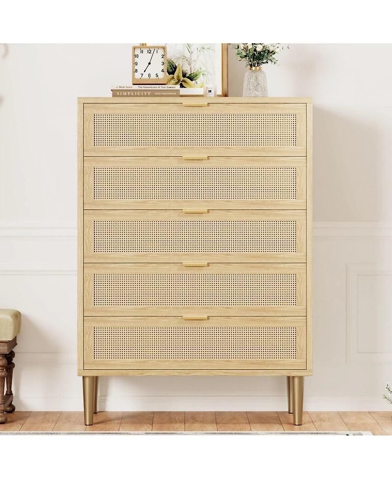 homfan Rattan Front Dresser With Smooth-Glide Drawers And Wide Top, Modern Boho Storage Chest For Bedroom, Hallway Or Living Room, Easy Assembly