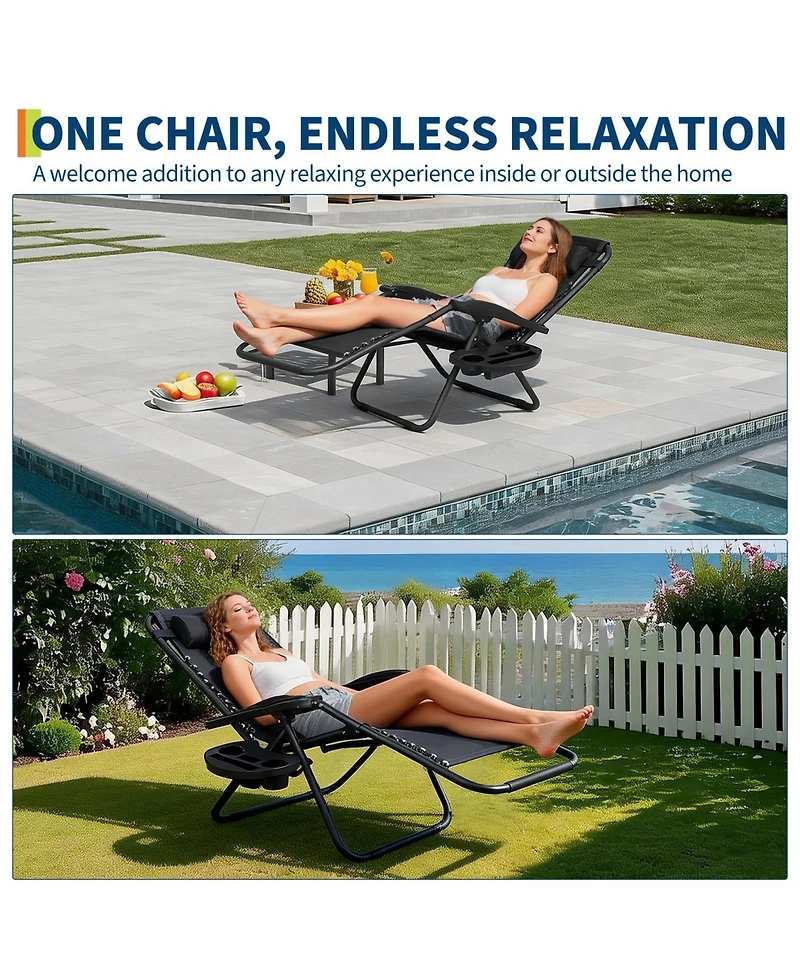 homfan 2 Piece 42-Inch Lounge Chairs with Cup Holder. Metal Frame Outdoor Recliner Set for Patio Garden. Textilene Fabric