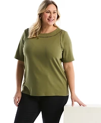 Rafaella Plus Pom Trim Detail Short-Sleeve Top