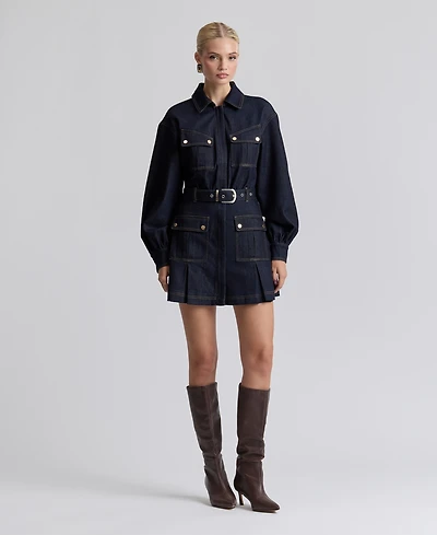 Avec Les Filles Women's Stretch Denim Belted Cargo Mini Dress
