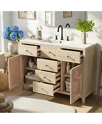 Phying 48 Inch Natural Rattan Bathroom Vanity Solid Wood Frame Bathroom Storage Cabinet with 5 Drawers 2 Rattan Cabinet Doors and Premium Ceramic Sink