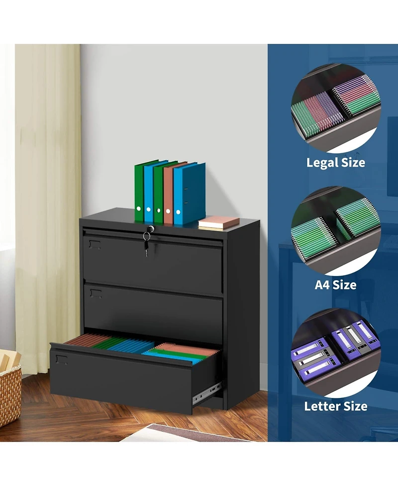 homfan 3 Drawer Lateral Filing Cabinet with Lock - Heavy Duty Metal File Organizer - Fits Letter/Legal/A4 Documents