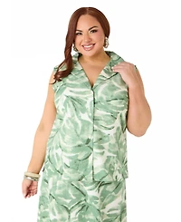 Ashley Stewart Plus Palm Print Linen Blend Women's Shirt
