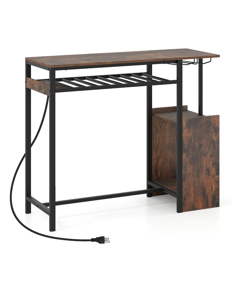 Slickblue Rectangular Bar Table with Power Outlets Led Lights and Storage Space