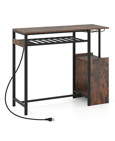 Slickblue Rectangular Bar Table with Power Outlets Led Lights and Storage Space