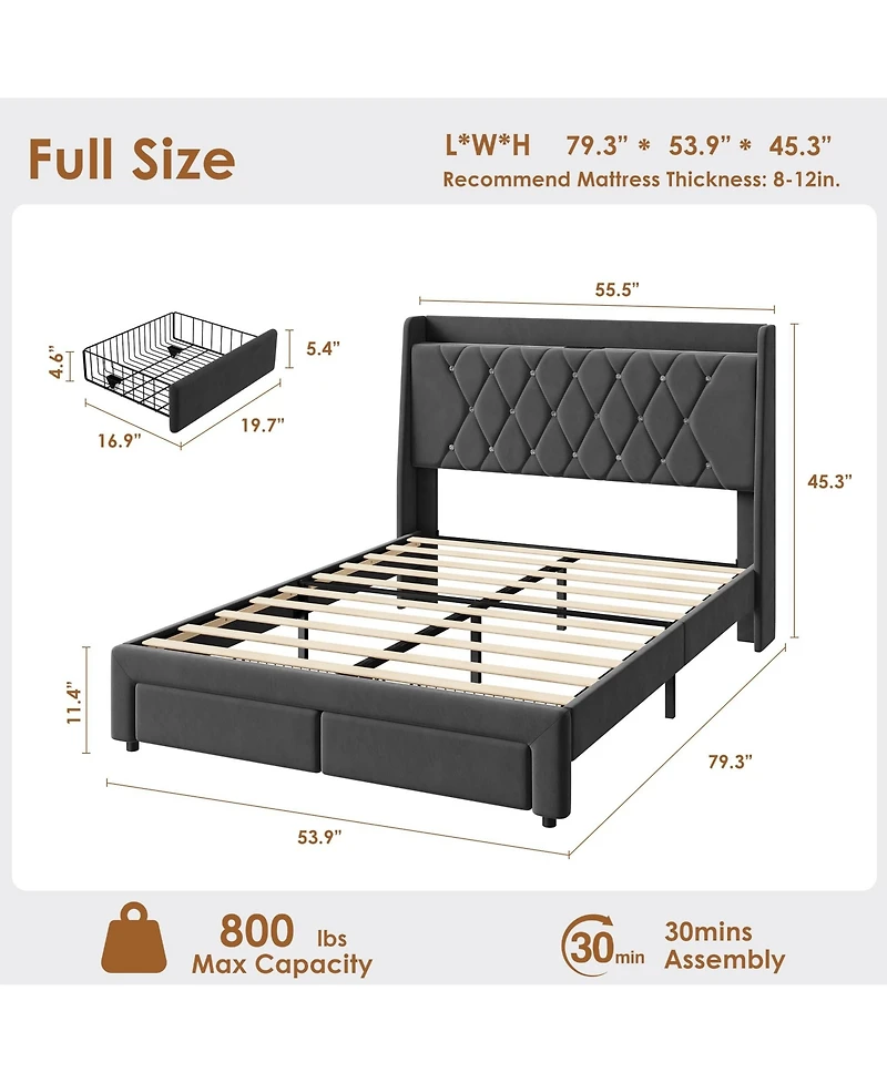 Gaomon Velvet Upholstered Platform Bed Frame with Crystal Tufted Headboard, 2 Storage Drawers, Built-in Charging Station, Noise-Free