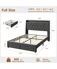 Gaomon Velvet Upholstered Platform Bed Frame with Crystal Tufted Headboard, 2 Storage Drawers, Built-in Charging Station, Noise-Free