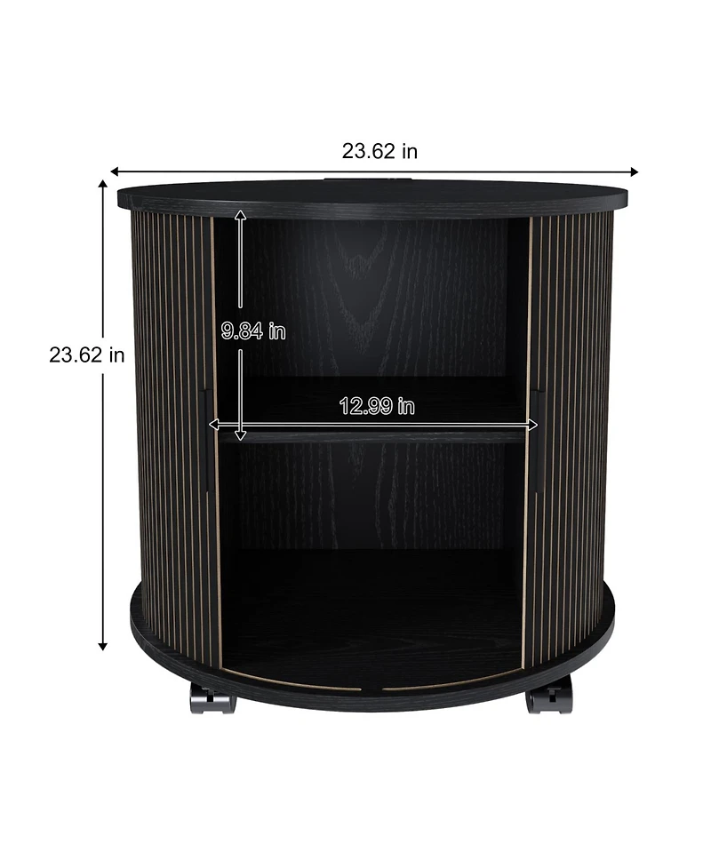 Rainsken Modern Cylinder End Table Set of 2, with Built-in Charging Station and Sliding Door, Fluted Accent Nightstand, for Living Room, Bedroom