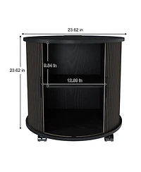 Rainsken Modern Cylinder End Table Set of 2, with Built-in Charging Station and Sliding Door, Fluted Accent Nightstand, for Living Room, Bedroom