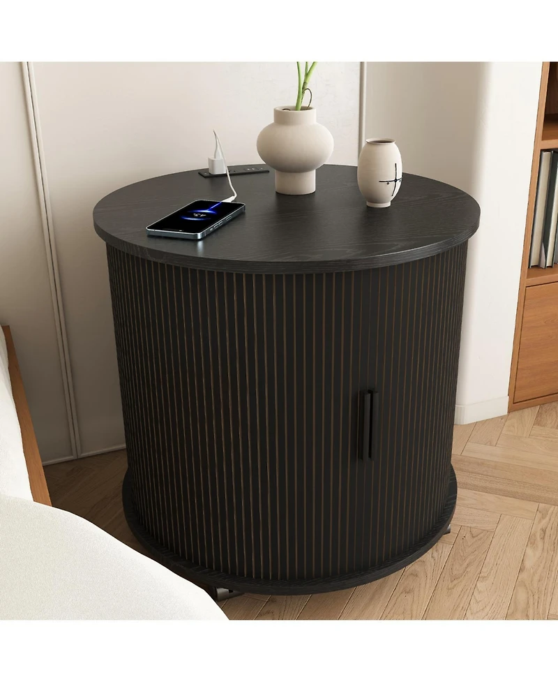 Rainsken Modern Cylinder End Table, with Built-in Charging Station and Sliding Door, Fluted Accent Nightstand, for Living Room, Bedroom