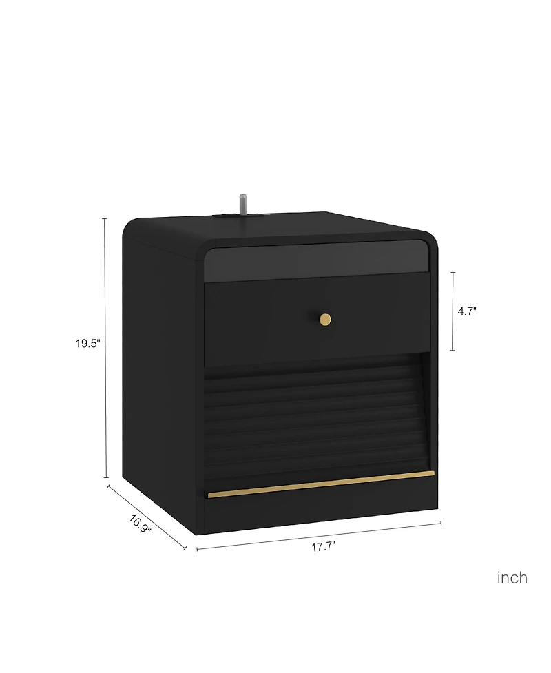 Clihome Modern Nightstand with Storage Cabinet, Bedside Tables Led Light and Charging Station