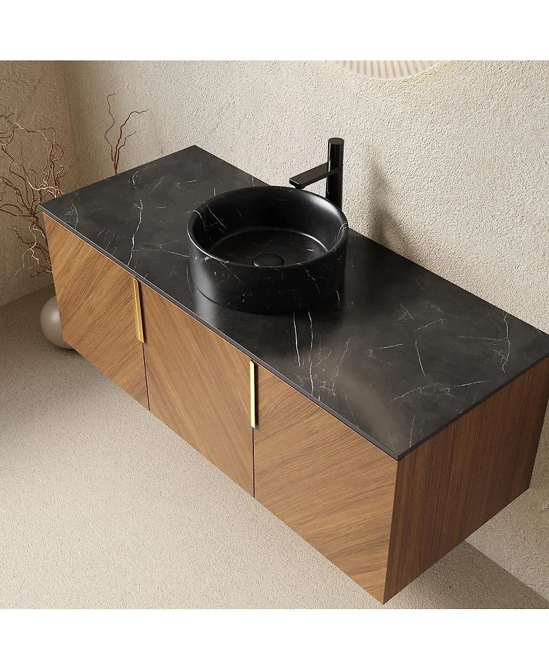 Sillysis Floating Bathroom Vanity Cabinet with Ceramic Vessel Sink, Sintered Stone Countertop, Large Storage