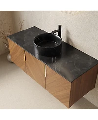 Sillysis Floating Bathroom Vanity Cabinet with Ceramic Vessel Sink, Sintered Stone Countertop, Large Storage