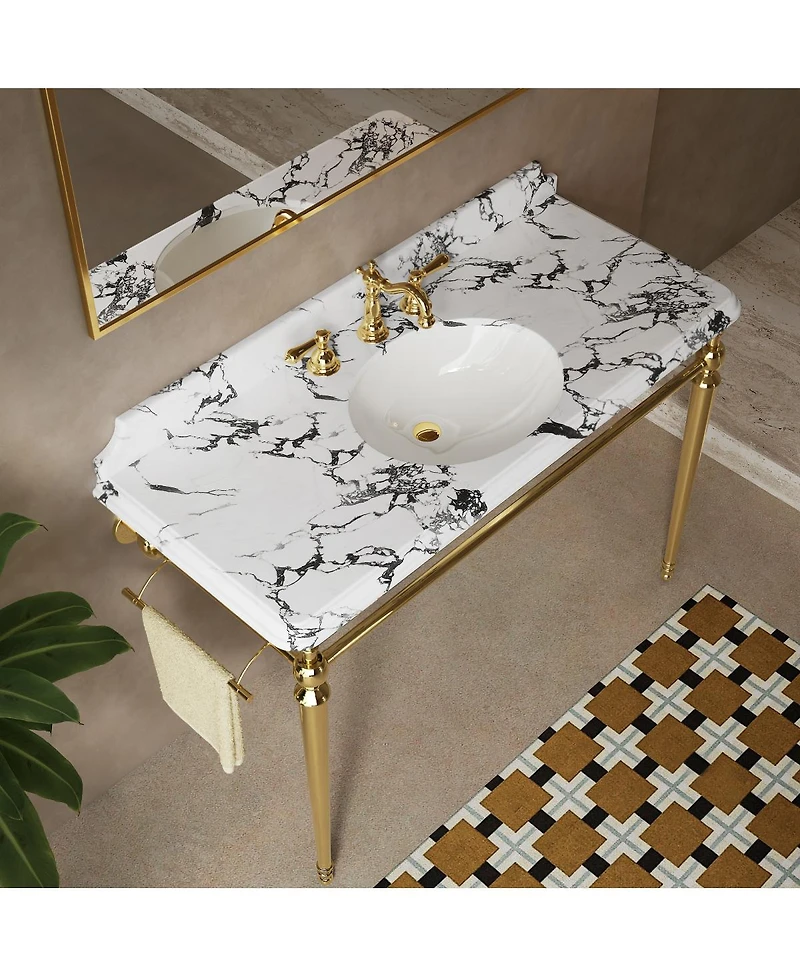 Sillysis 48 Inch Bathroom Console Sink with Engineered Marble Top, Ceramic Basin, Stainless Steel Frame, Retro Style, Towel Bar