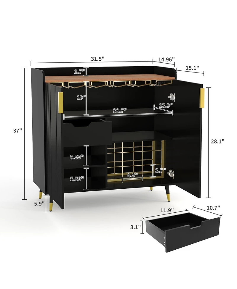 homfan Modern Fluted Wine Bar Cabinet with Glass Holder and 9-Bottle Rack, Drawer for Kitchen Dining Room Living