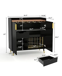 homfan Modern Fluted Wine Bar Cabinet with Glass Holder and 9-Bottle Rack, Drawer for Kitchen Dining Room Living