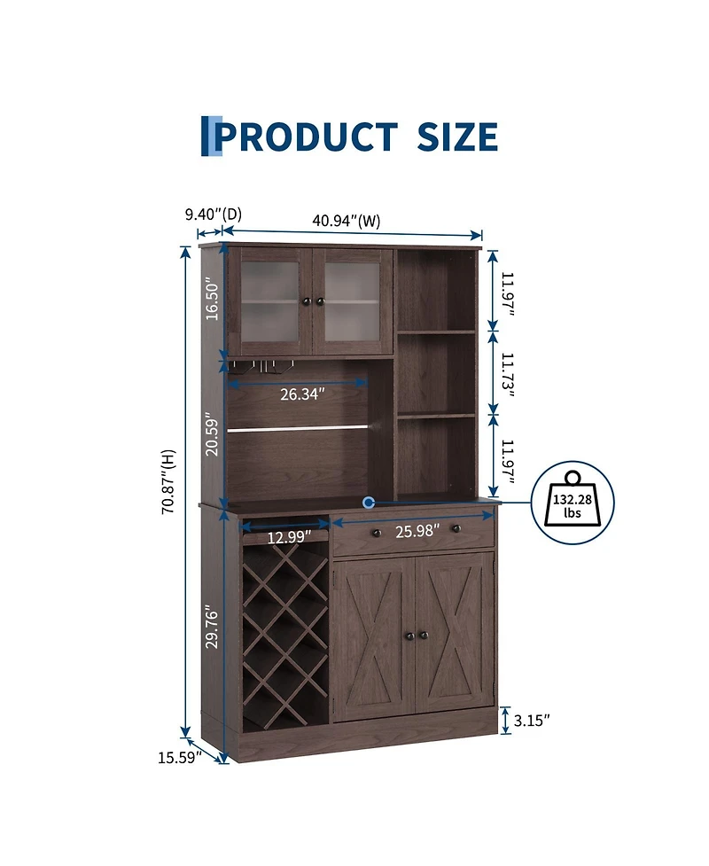 homfan Coffee Bar Cabinet with Power Outlet and Barn Doors, Sideboard Buffet Wine Rack, Storage for Kitchen, Dining Room
