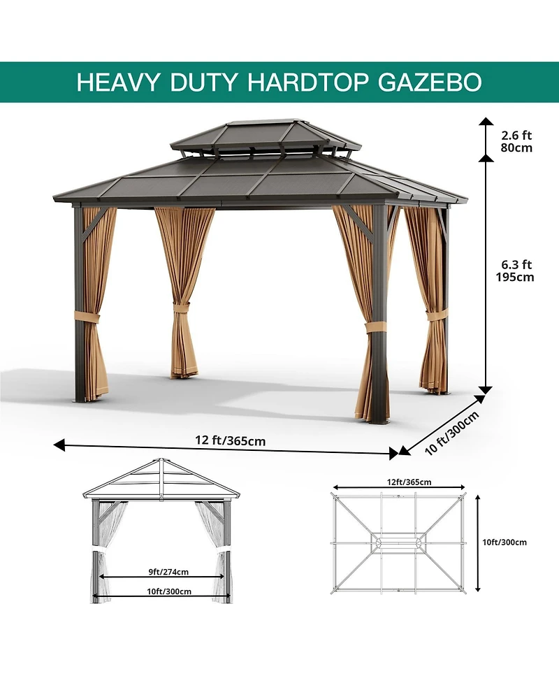 homfan Hardtop Pc Gazebo Patio with Double Roof and Metal Frame for Patio, Garden, Backyard, Lawn