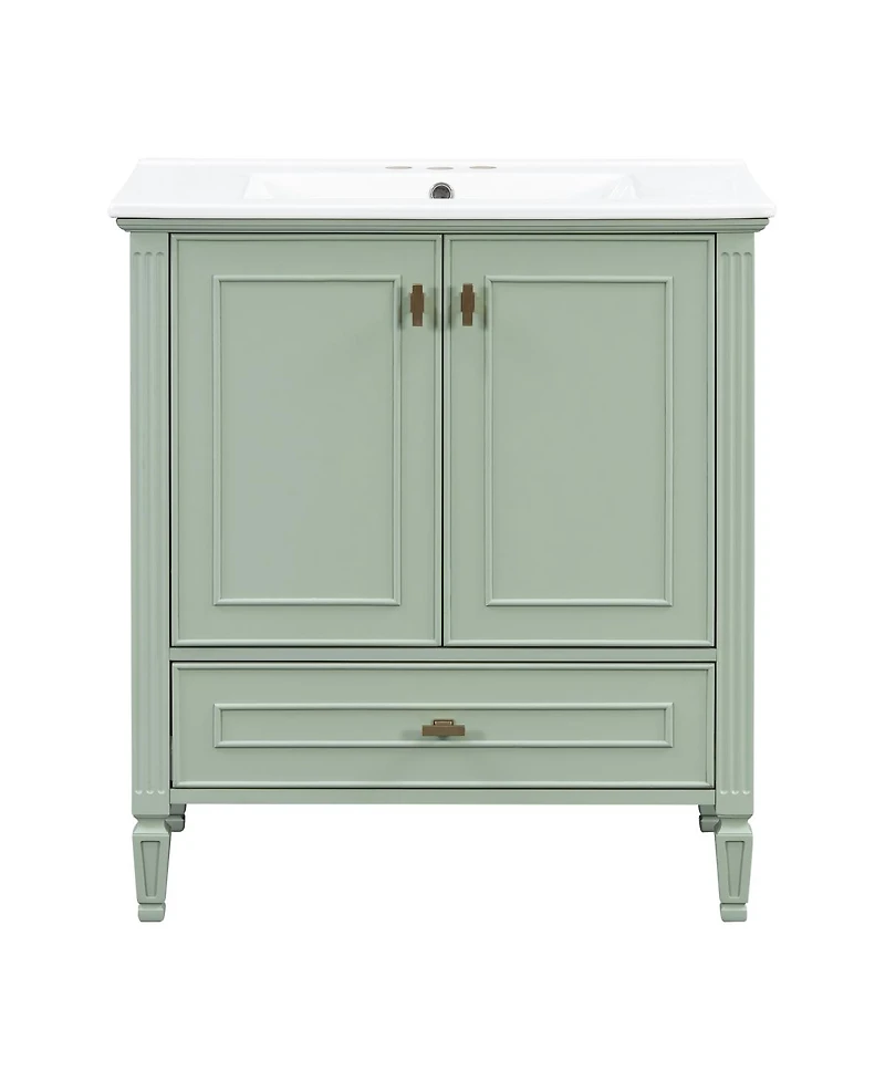 Sillysis 30 Inch Retro Bathroom Vanity with Ceramic Sink, Solid Wood Frame, Soft Close Doors and Bottom Drawer Storage
