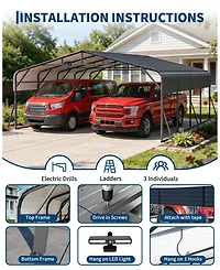 homfan Hardtop Steel Carport with Solar Light, Heavy Duty Metal Vehicle Shelter for Cars Trucks Boats Driveway Patio